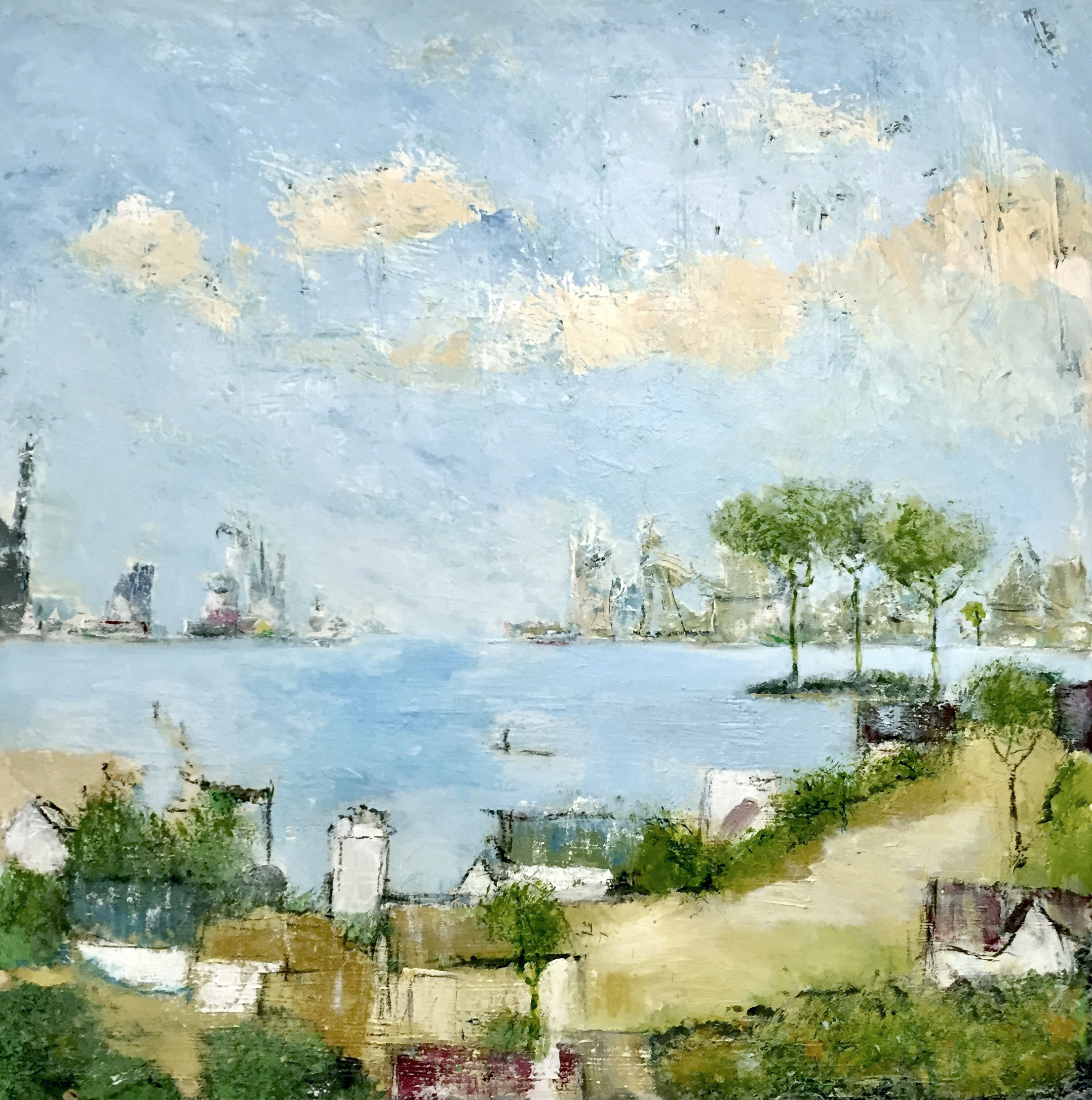 Maleri af Per Kjeld Jensen med titlen; Byen Ved Havnen.